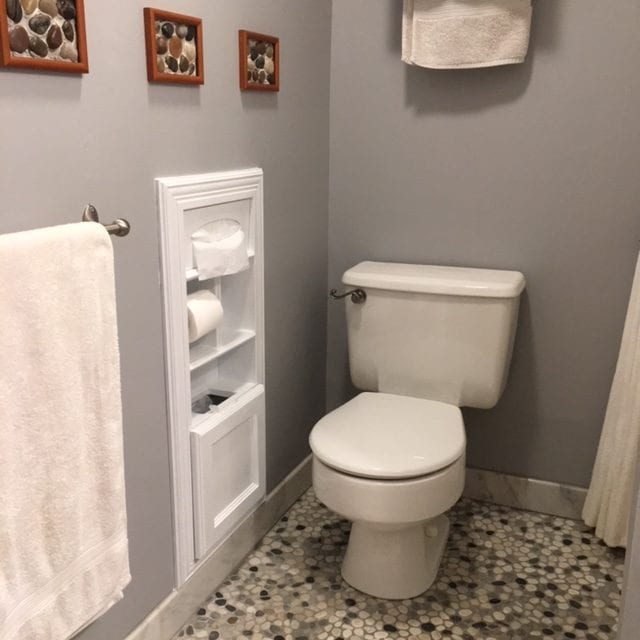 Open shelving bathroom decor  Recessed shelves bathroom, Built in